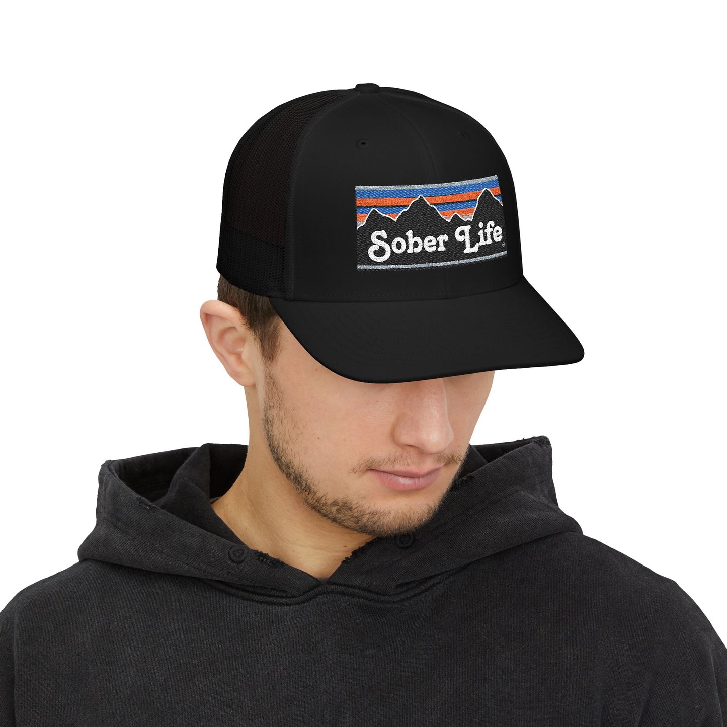 Sober Life Trucker Cap | Black Snapback Hat, Casual Accessories, Gift for Sobriety Support, Outdoor Activities, Mountain Theme