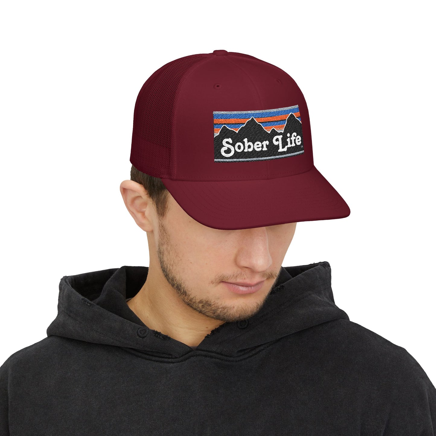 Sober Life Trucker Cap | Black Snapback Hat, Casual Accessories, Gift for Sobriety Support, Outdoor Activities, Mountain Theme